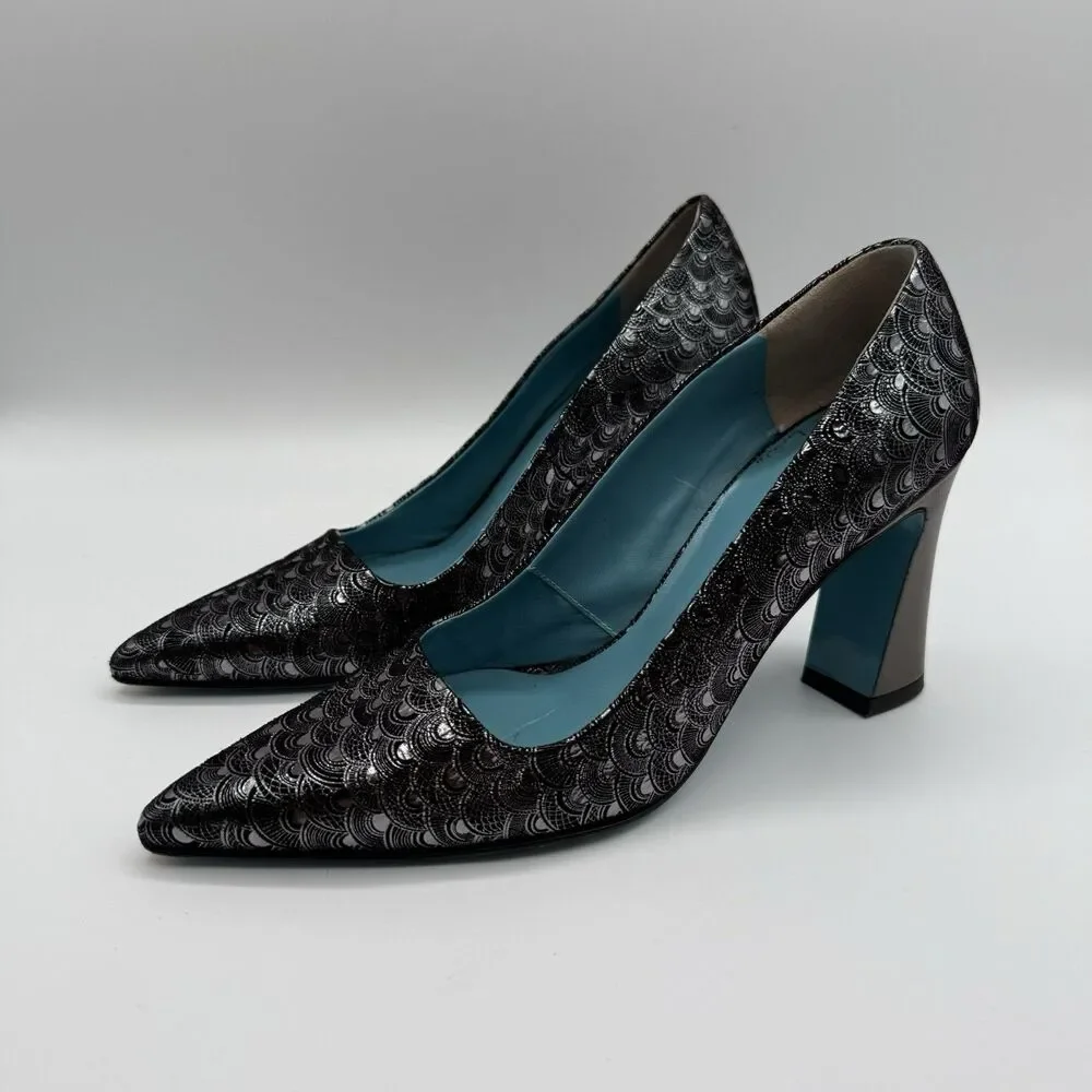Valentina Rangoni Vintage Black Metallic Pumps 7.5M Pointed Toe Made Italy